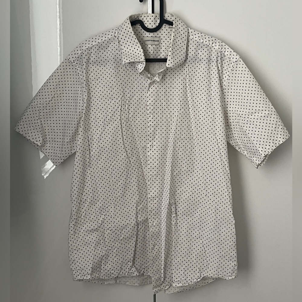 Lucky Brand Short Sleeve Button-Up Shirt in White with fleur de lis Print